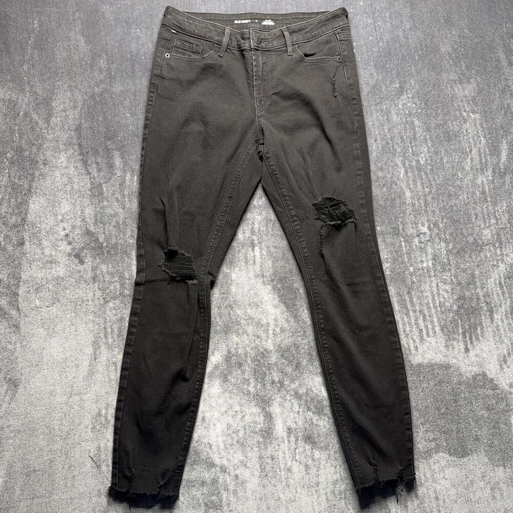 Old Navy Rockstar Jeans Womens 4 Black Mid Rise Super Skinny Distressed Denim